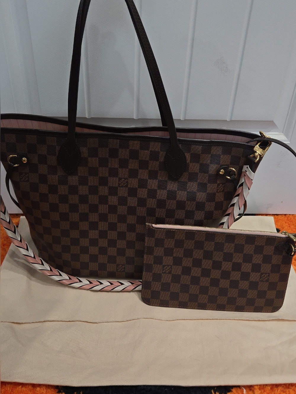 Louis Vuitton LE Neverful Bandolier-Damier Ebene and Ballerine Pink Interior
